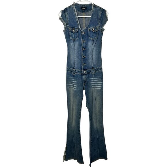 Vintage JNCO Distressed Flare Low Rise Denim Jumpsuit Sz S 90’s Y2K Spice Girls